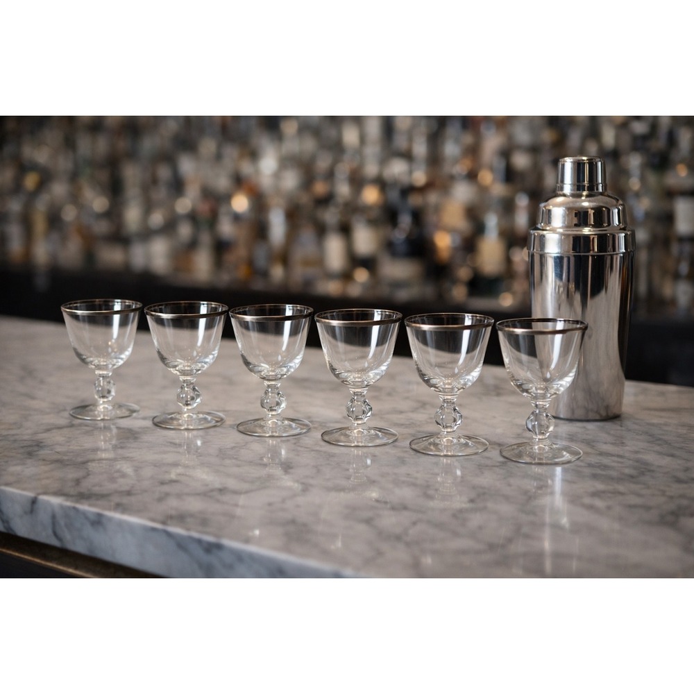 Vintage Silver Rim Cordial Glasses Set of 6 Mid Century Cocktail Barware 3oz